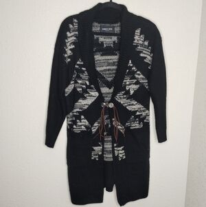 Obey Propaganda Black Cream Long Knit Cardigan Sweater Duster Size Small